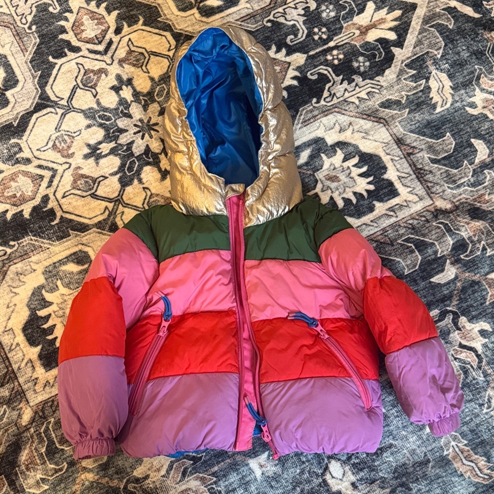 Mini-Boden Rainbow Puffer Jacket with metallic hood. 3-4y